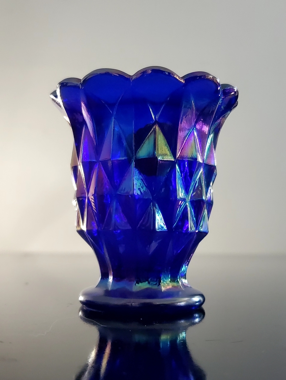 1970s Aurora Jewels Diamond Block Cobalt Blue Carnival Glass Toothpick Holder